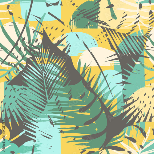 Seamless exotic pattern with tropical plants and artistic background