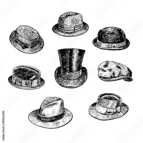 Hats collection, with Fedora, Homburg hat, Bowler hat, cowboy hat, Porkpie hat, top hat, Boater, Campaign hat, Stingy Brim. Hand drawn vector Man's Retro Hats