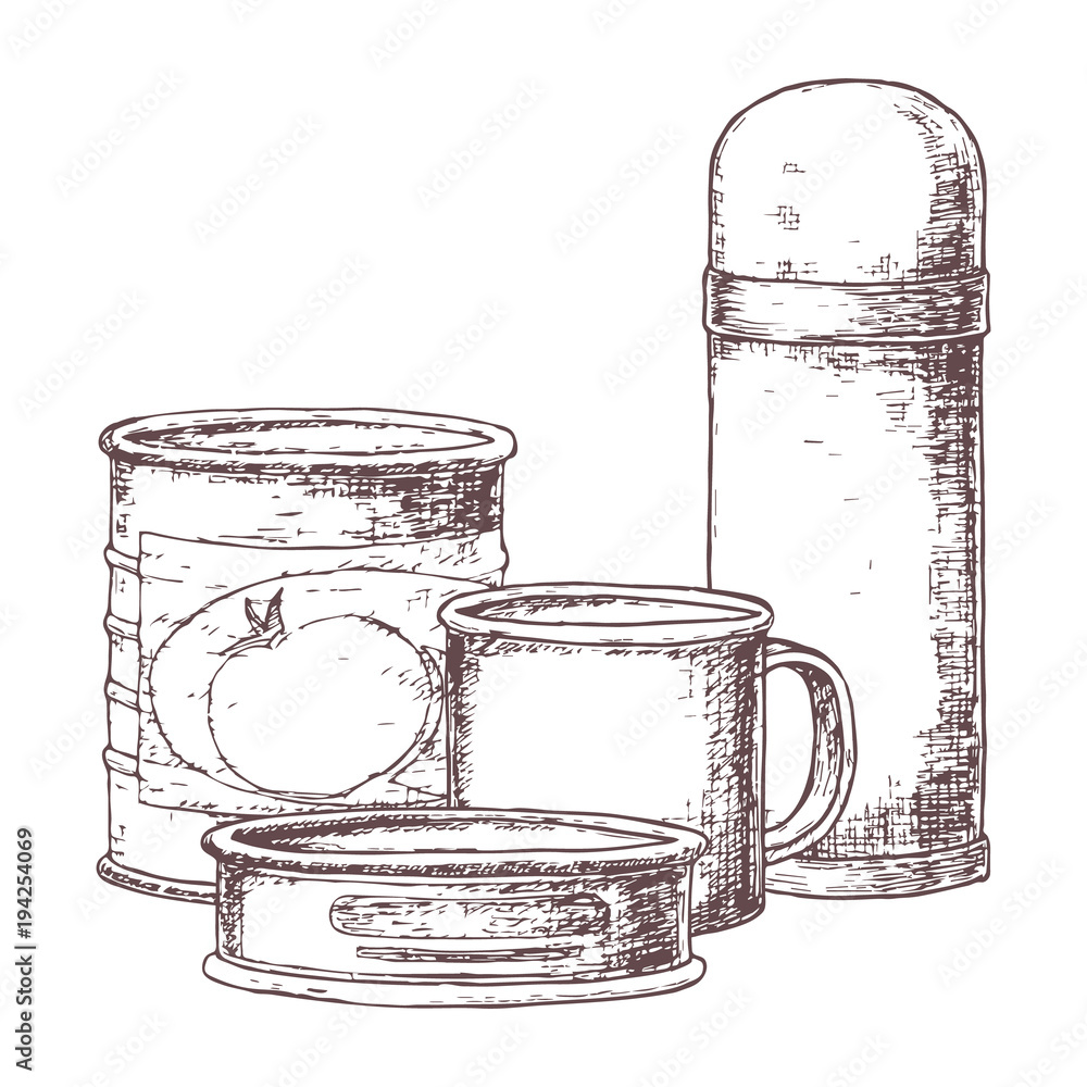 Thermos and canned goods for camping tourism, cartoon sketch