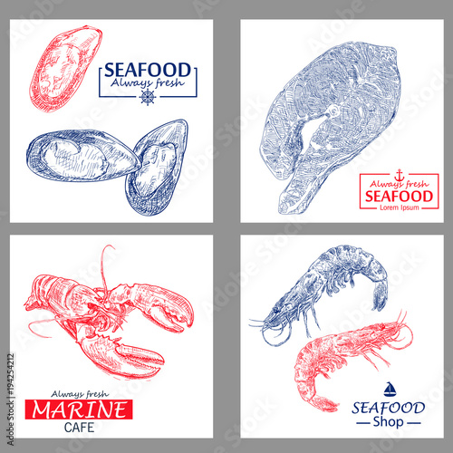 Seafood vintage design template set. Vector illustration hand drawn linear art.