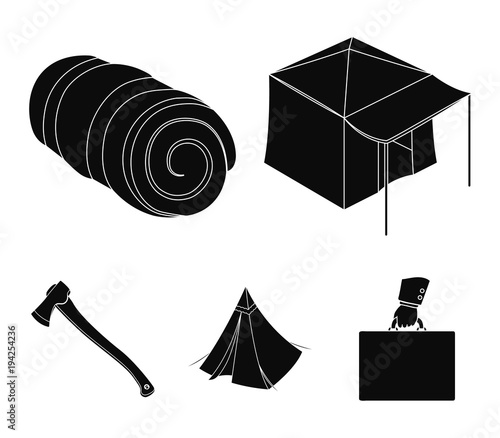 Tent with awning, ax and other accessories.Tent set collection icons in black style vector symbol stock illustration web.