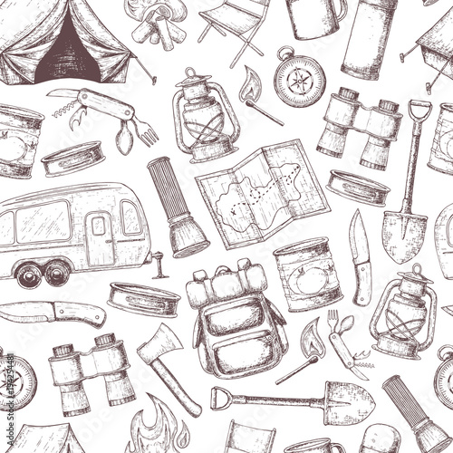 Seamless pattern of travel equipment. Accessories for camping and camps. Sketch illustration of camping and tourism equipment. Vector