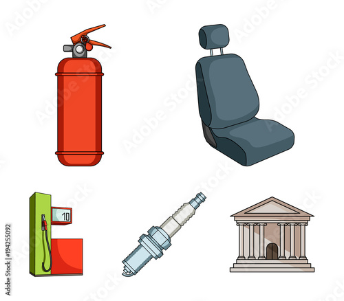 Chair with headrest, fire extinguisher, car candle, petrol station, Car set collection icons in cartoon style vector symbol stock illustration web.