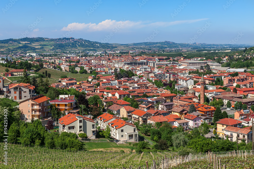 Vineyards and town of Alba, Italy.