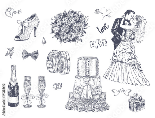 Hand Drawn Wedding and Marriage Set. Groom and bride, festive cake, wedding rings, bouquet, gift, champagne. Vintage collection isolated on white