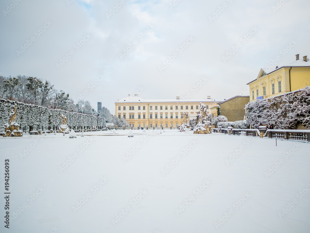landscape winter snow season at mirabell park , Salzburg Austria