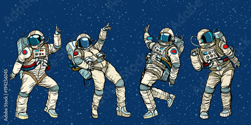 Disco party astronauts dancing men and women