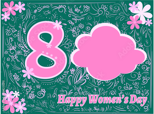 Greeting green card with bubble frame and pink happy womens day