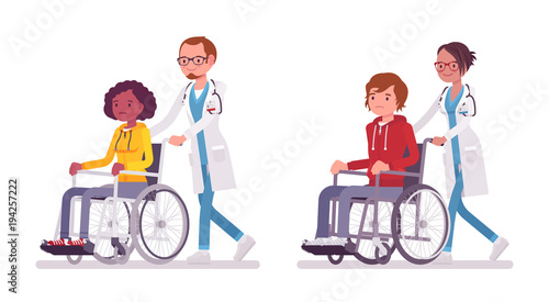 Male and female doctor with wheelchair patient