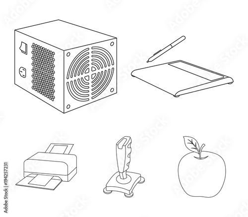 Power unit, dzhostik and other equipment. Personal computer set collection icons in outline style vector symbol stock illustration web. photo