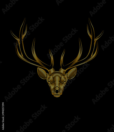 Graphic print of stylized gold deer on black background. Linear drawing.