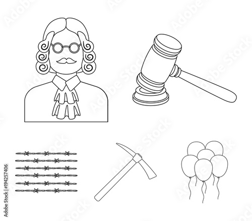Judge, wooden hammer, barbed wire, pickaxe. Prison set collection icons in outline style vector symbol stock illustration web.