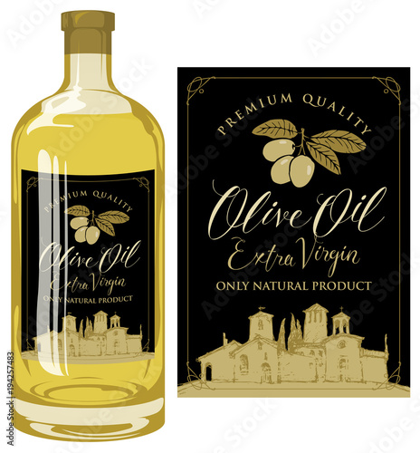 Vector label for extra virgin olive oil with handwritten calligraphic inscription, olive sprig with green olives and rural Italian landscape on black background. Template label on glass bottle