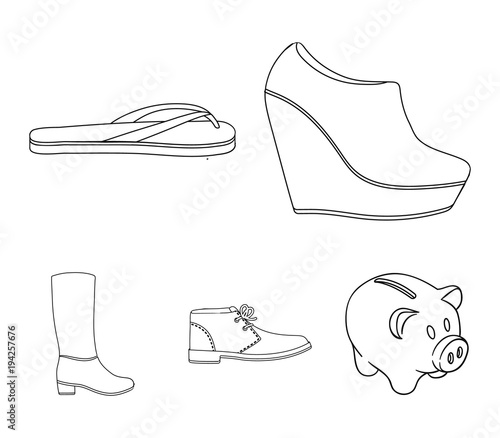 Autumn black shoes on a high platform, flip-flops green for relaxation, sandy men's autumn shoes, high brown boots. Shoes set collection icons in outline style vector symbol stock illustration web.