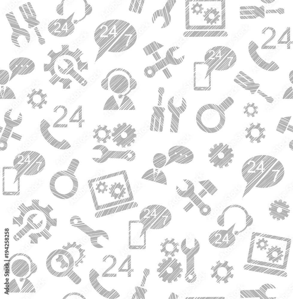 Fototapeta premium Technical support, repair, assistance, seamless pattern, white, pencil hatching, vector. Repair and maintenance of computers and home appliances. Monochrome background. 