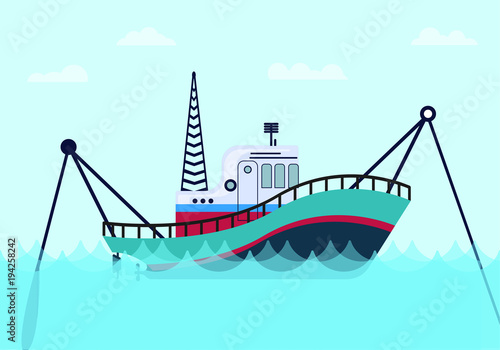 fishing boat on the sea with blue ocean and flat style vector graphic illustration