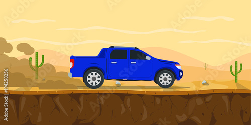 car pickup truck on the desert road with cactus tree and mountain as background vector graphic illustration