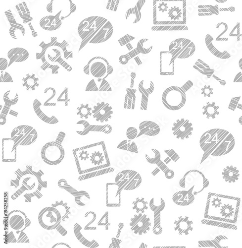 Technical support, repair, assistance, seamless pattern, white, pencil hatching, vector. Repair and maintenance of computers and home appliances. Monochrome background. 