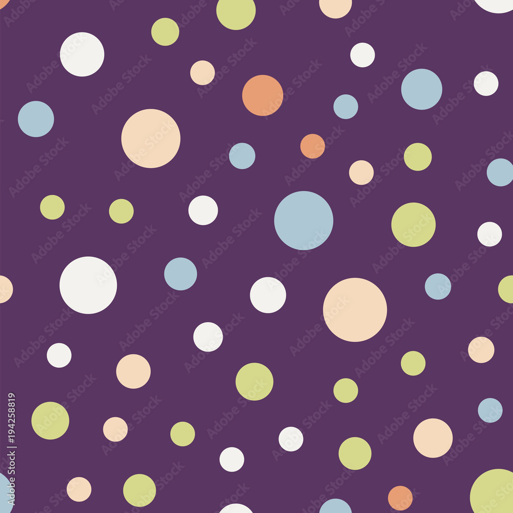 Colorful polka dots seamless pattern on bright 11 background. Dazzling classic colorful polka dots textile pattern. Seamless scattered confetti fall chaotic decor. Abstract vector illustration.