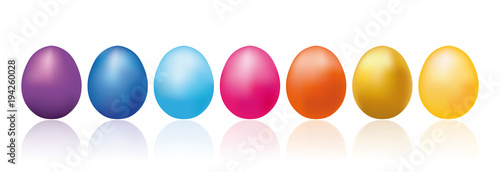 Colorful easter eggs line with reflection on a white surface. Spring easter vector banner.