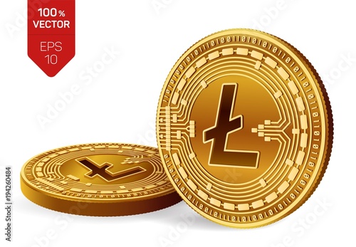 Litecoin. Crypto currency. 3D isometric Physical coins. Digital currency. Golden coins with Litecoin symbol isolated on white background. Block chain. Vector illustration.