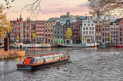 Canvas Print Channel in Amsterdam Netherlands houses river Amstel landmark