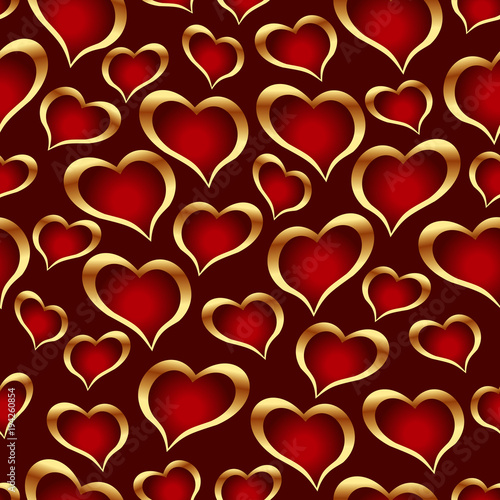 Golden hearts on dark background. Vector seamless pattern