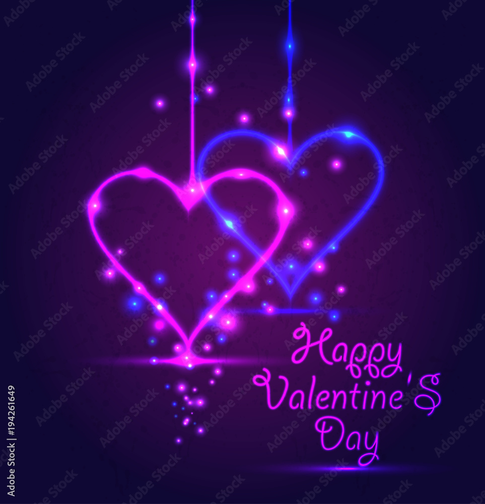 Happy Valentine Day card in neon style on dark violet background. Happy Valentine Day card in neon style on dark violet background.