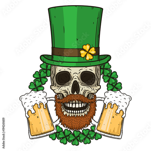 The skull of Saint Patrick's with green hat and clover leaves. Irish skull. St.Patrick skull vector.
