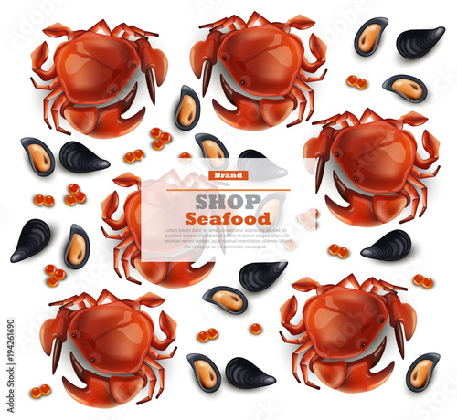 Crab and mussels Vector realistic pattern background. Seafood textures