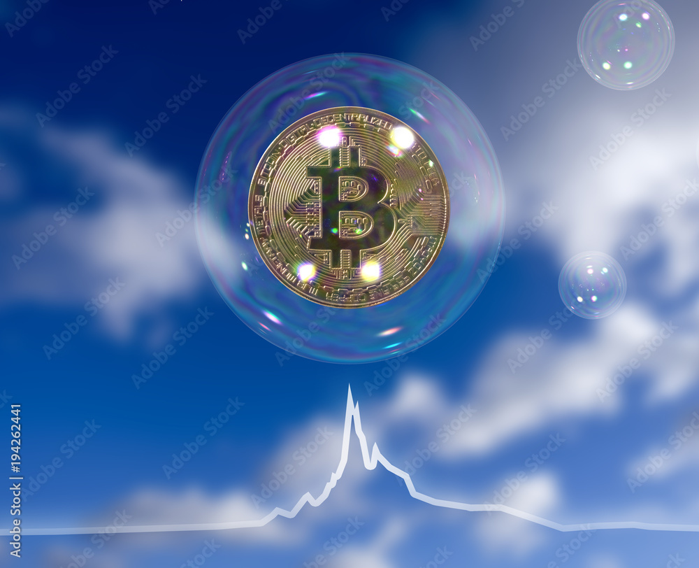 Bitcoin bubble about to burst from downturn economy graph, golden coin ...