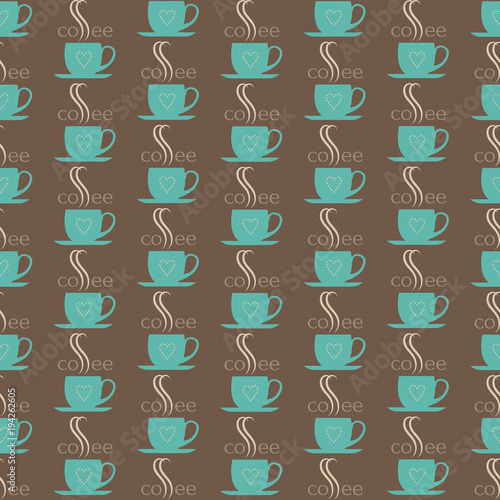 seamless pattern of turquoise silhouettes of cups with a heart and a ferry in the form of «FF» in lettering 