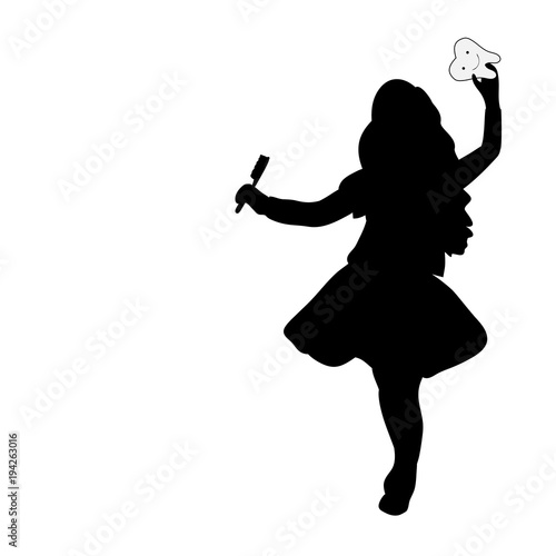 Silhouette girl holds tooth and toothbrush. World Dentist Day. S