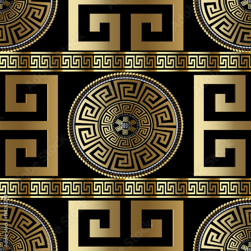 Modern geometric greek seamless pattern. Vector gold meander background. 3d wallpaper with greek key ornament. Ornate fabric design. Abstract surface texture with circle, stripes, borders , squares photo