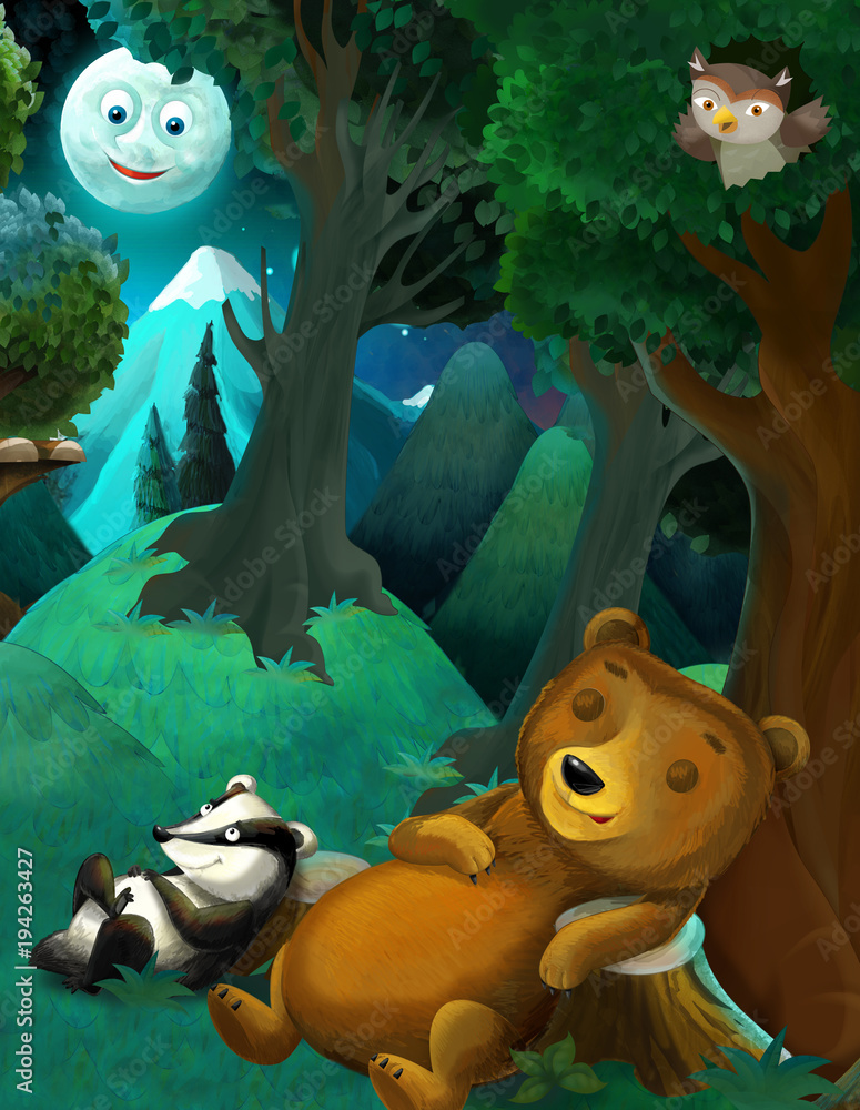 Fototapeta sceny kreskówki z dzikich zwierząt niedźwiedź sowa i borsuk odpoczynku w lesie - ilustracja dla dzieci