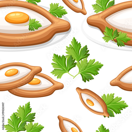 Seamless pattern of adjarian khachapuri with herb freshly baked flat bread filled with cheese and raw egg flat flat vector illustration on white background web site page and mobile app design
