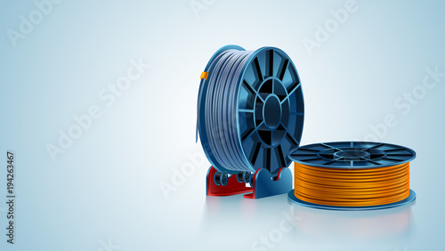 3d printing filament spool or coil on holder on white background. Colored plastic material for 3d printer. Silver and gold or orange color. Additive technology vector illustration.