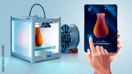 White 3d printer with filament spool. 3d printer printed vase. Maker hold tablet in hand. Mobile interface with 3d model. Tablet showing progress printing 3d model. Additive technology for hobby, diy