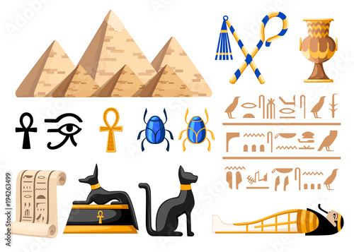Ancient Egyptian symbols and decoration Egypt flat icons vector illustration on white background web site page and mobile app design