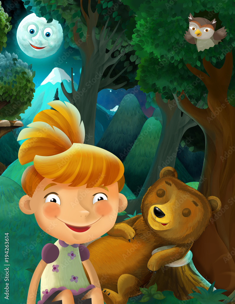 Fototapeta Scena kreskówki z dzikich zwierząt ponosi sowa i dziewczyna odpoczynku w lesie - ilustracja dla dzieci