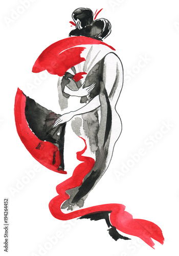 Geisha, women in traditional clothing. Japanese style, Watercolor hand painting illustration
