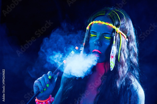 Neon hippie girl smoking hookah