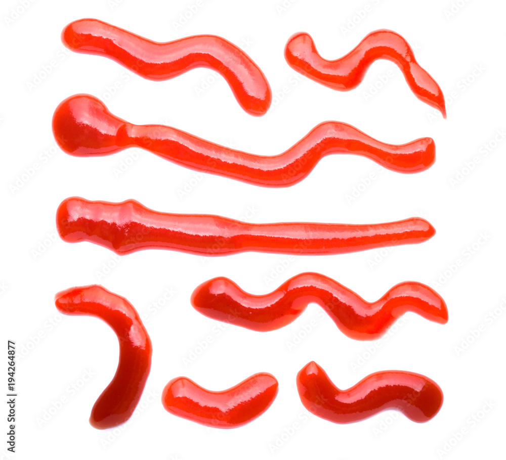 Collection set closeup red ketchup tomato sauce isolated on white background Collection set closeup red ketchup tomato sauce isolated on white background