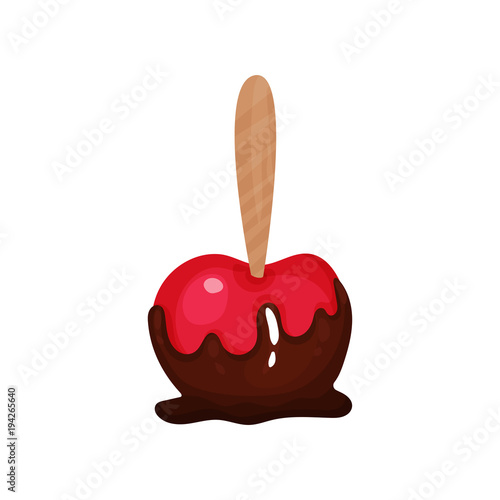 Cartoon illustration of red apple on wooden stick dipped with chocolate. Tasty fruit dessert. Design element for recipe book or cafe menu. Colorful flat vector icon