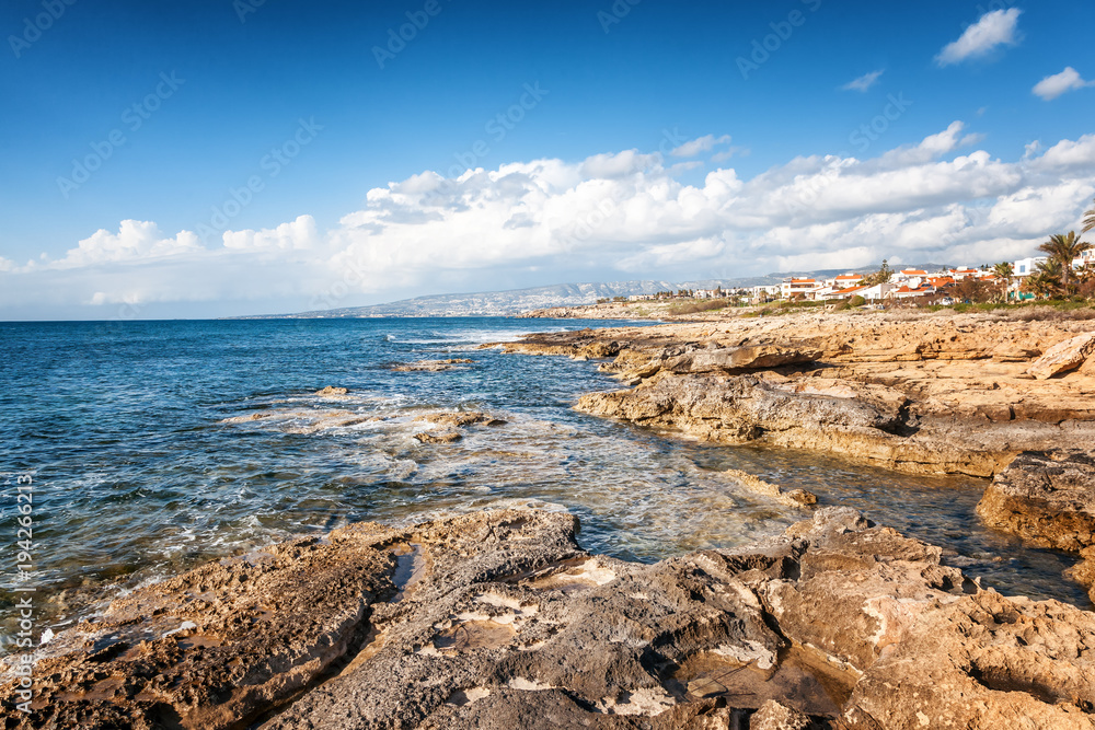 a fantastic stunning colorful landscape, a blue sea shore, the coast of Cyprus, the neighborhood of Paphos