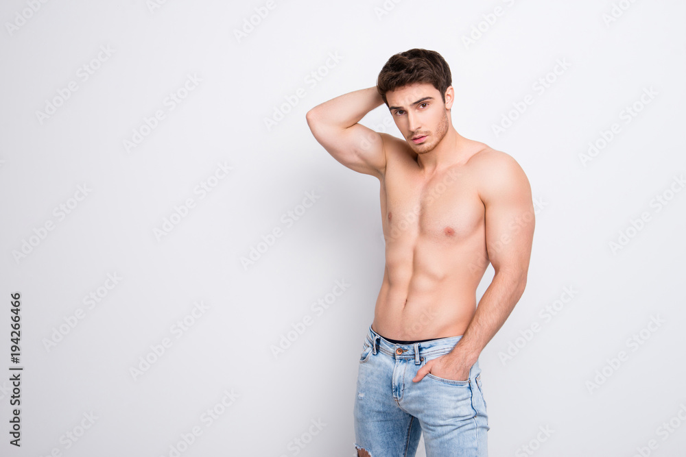 Sport athletic people healthy sex person concept. Portrait of seductive tempting fit brutal lover macho with big muscles wearing casual outfit clothes studio posing isolated white background copyspace