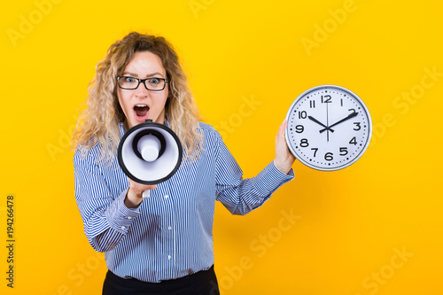 Photography Woman in shirt with clocks and loudspeaker