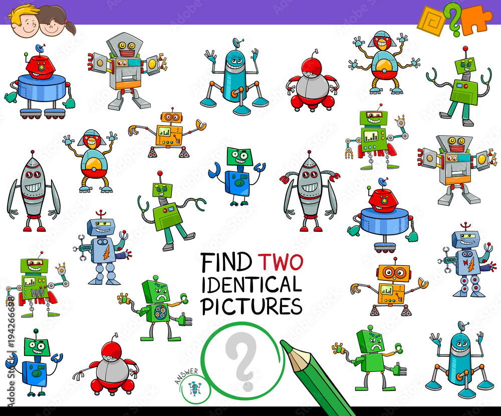 Naklejka premium find two identical robots educational activity