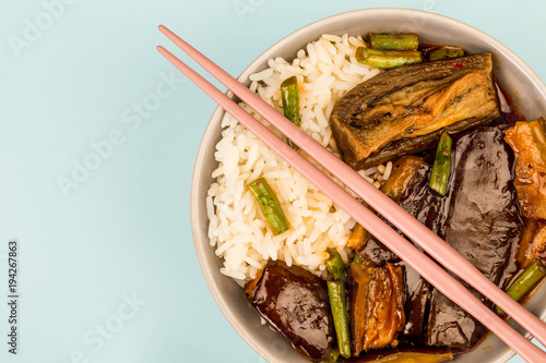 Chinese Style Roast Aubergine With Boiled Rice And Green Beans