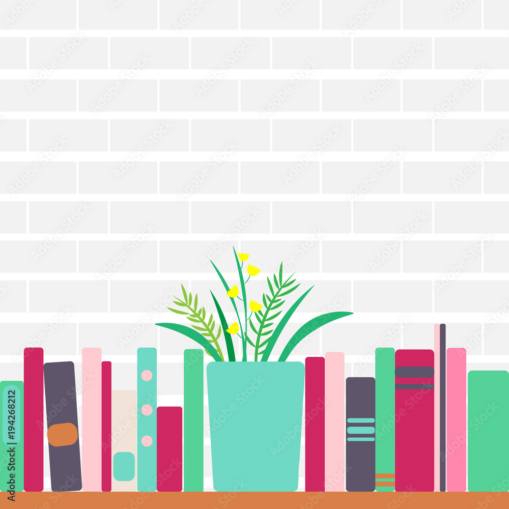 vector illustration of bookshelves with retro style books and flowers vector illustration of bookshelves with retro style books and flowers